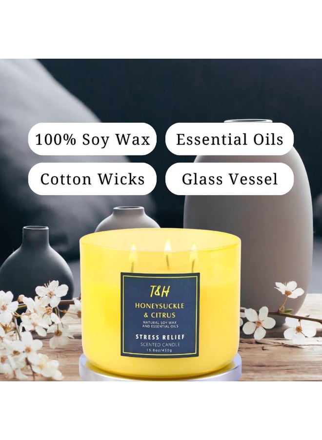 T&H Large 3-Wick Aromatherapy Scented Candles for Home - Honeysuckle Citrus Stress Relief Candle with Grapefruit & Mint - Natural Soy Candles Clean Burning - Relaxing Candle for Women & Men - Image 2